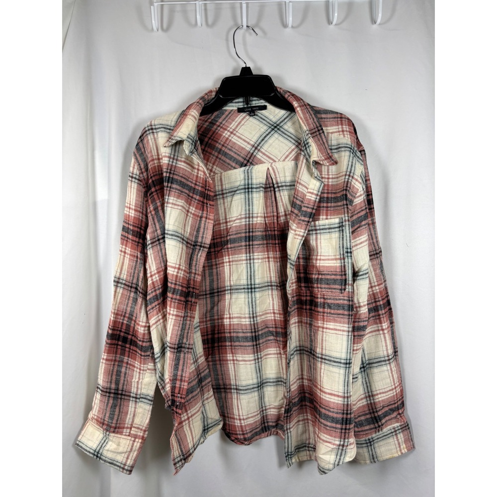 Love Tree Womens Red Cream Plaid Flannel Button Down Shirt Large L Long Sleeve